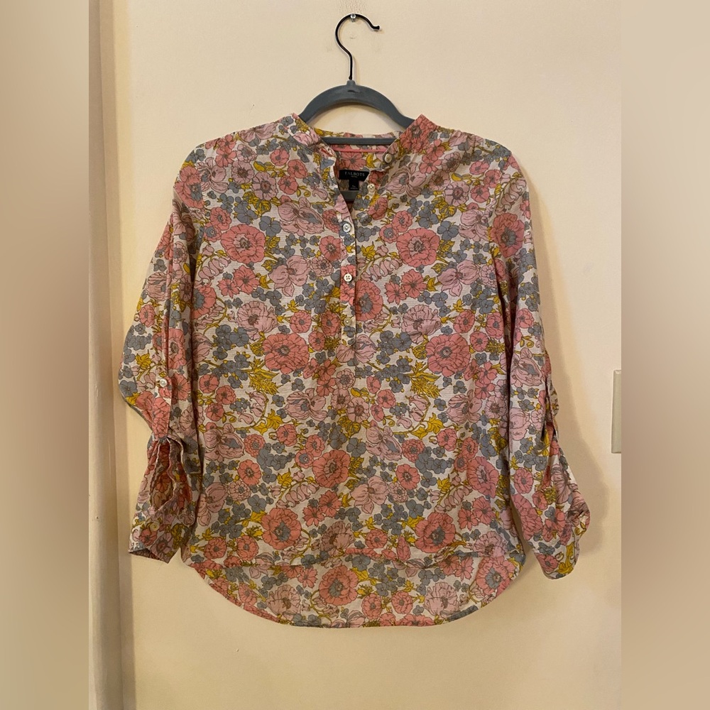 Talbots Petites Floral Button Front Blouse Small Petite Pink Blue Cotton